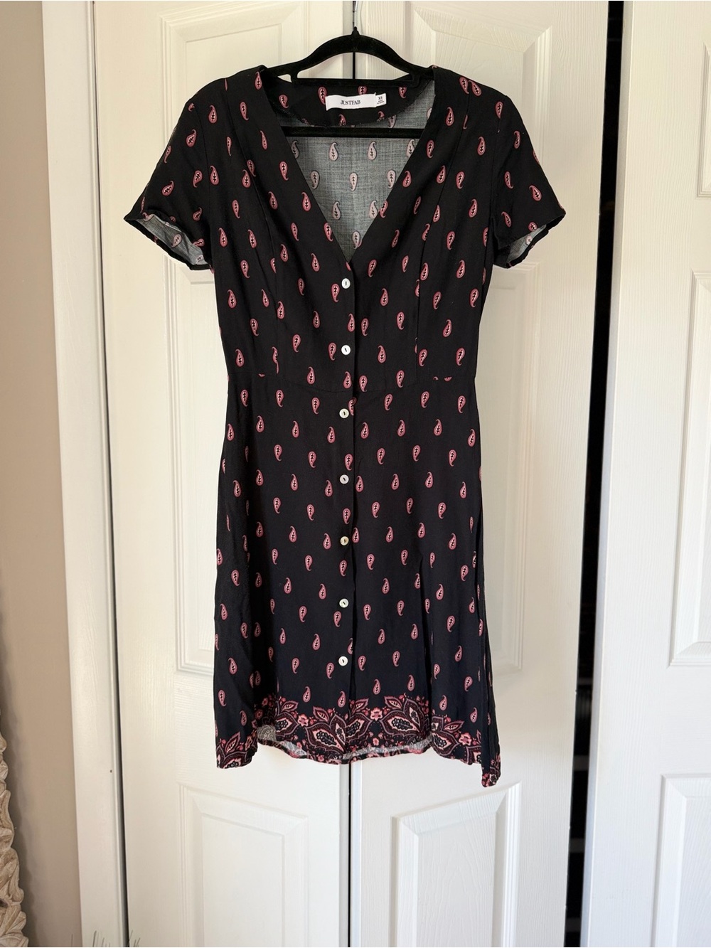JustFab Black Midi Dress with Pink Paisley Motif